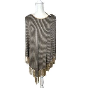 Chico's S M Black Tan GoldvShine And Fringe Poncho Sweater NWT New $99